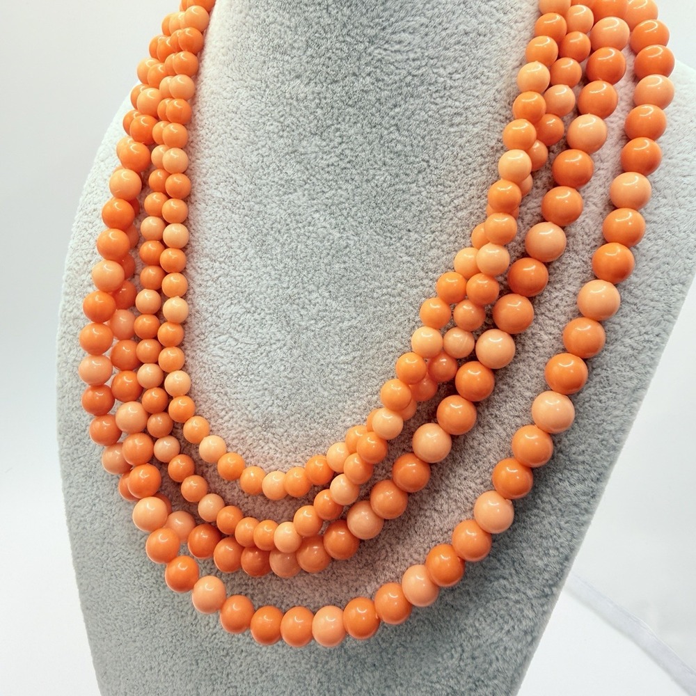 Vintage Faux Coral Necklace 4 Strand Orange Bead Signed Clasp